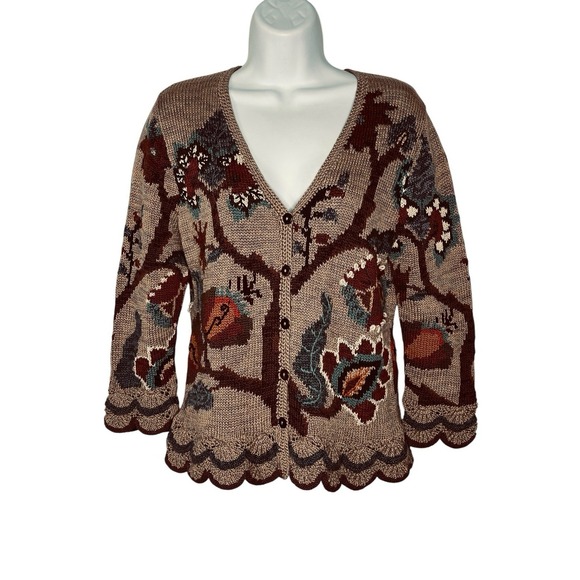 Vintage Peruvian Connection Cardigan Pima Cotton Scalloped Fall Leaves SMALL - Picture 5 of 13